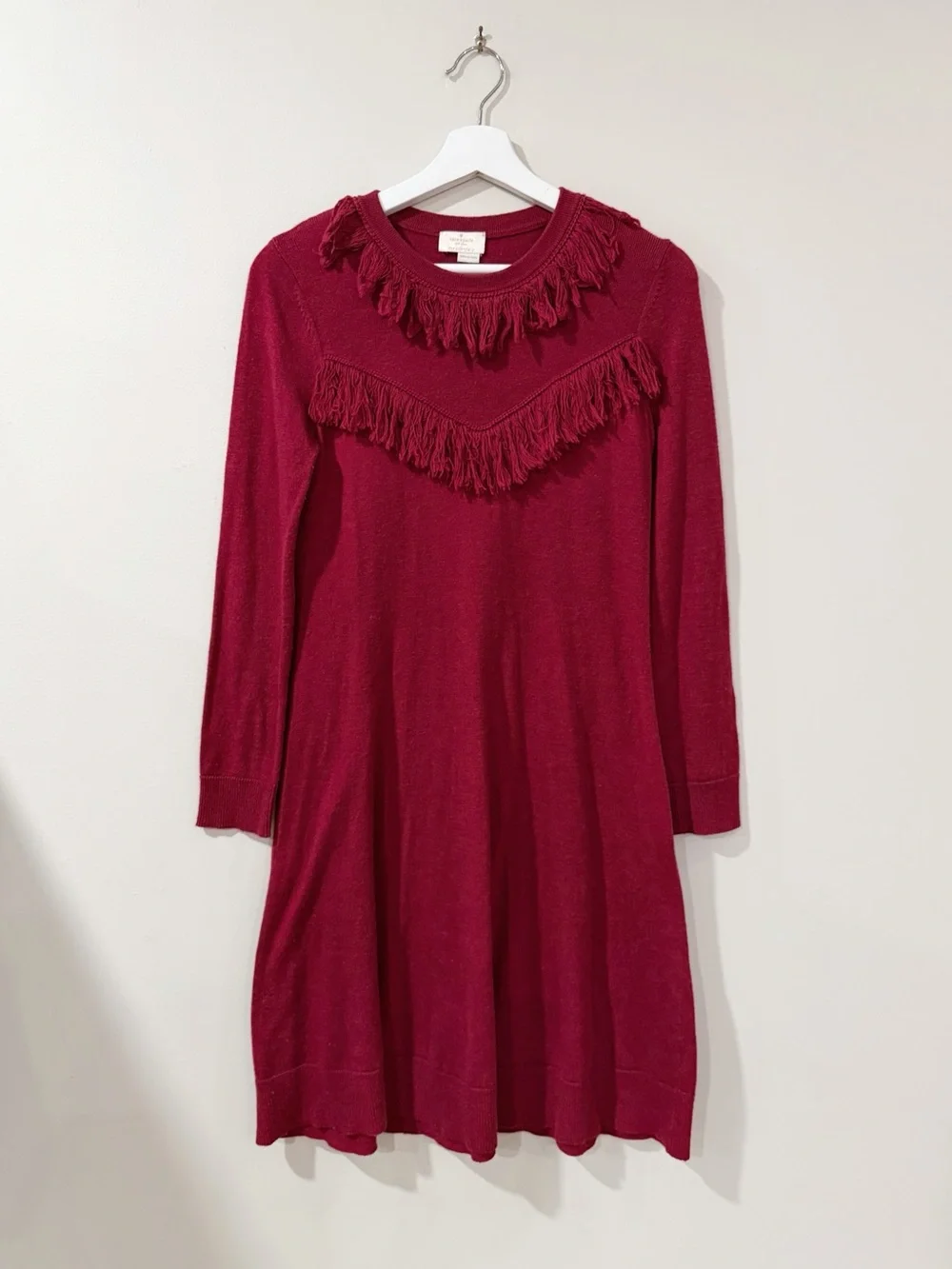 Kate Spade Women's XS Cranberry Red Wool Blend Fringe Sweater Dress Preppy Chic